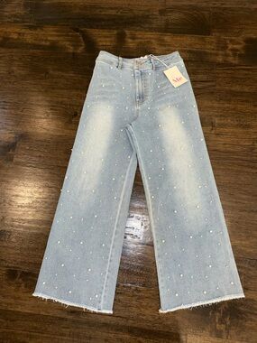 So Me Light Blue Pearl-Embellished Wide Leg Jeans